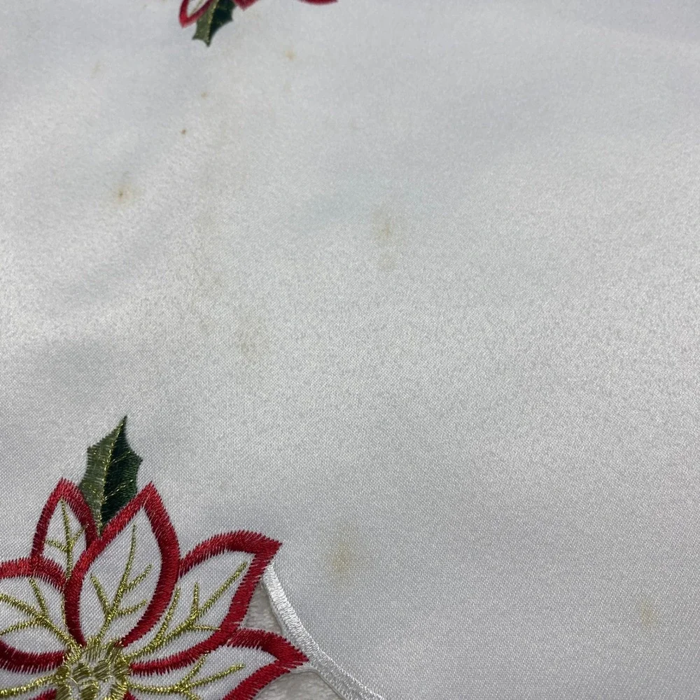 Holiday Table Runner‎ Poinsettia Embroidery Christmas Decor White Red *Read*
